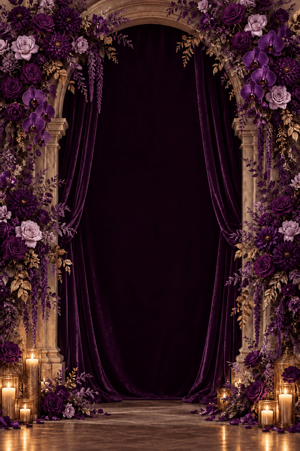 Purple floral arch with roses, orchids and aubergine velvet drapery