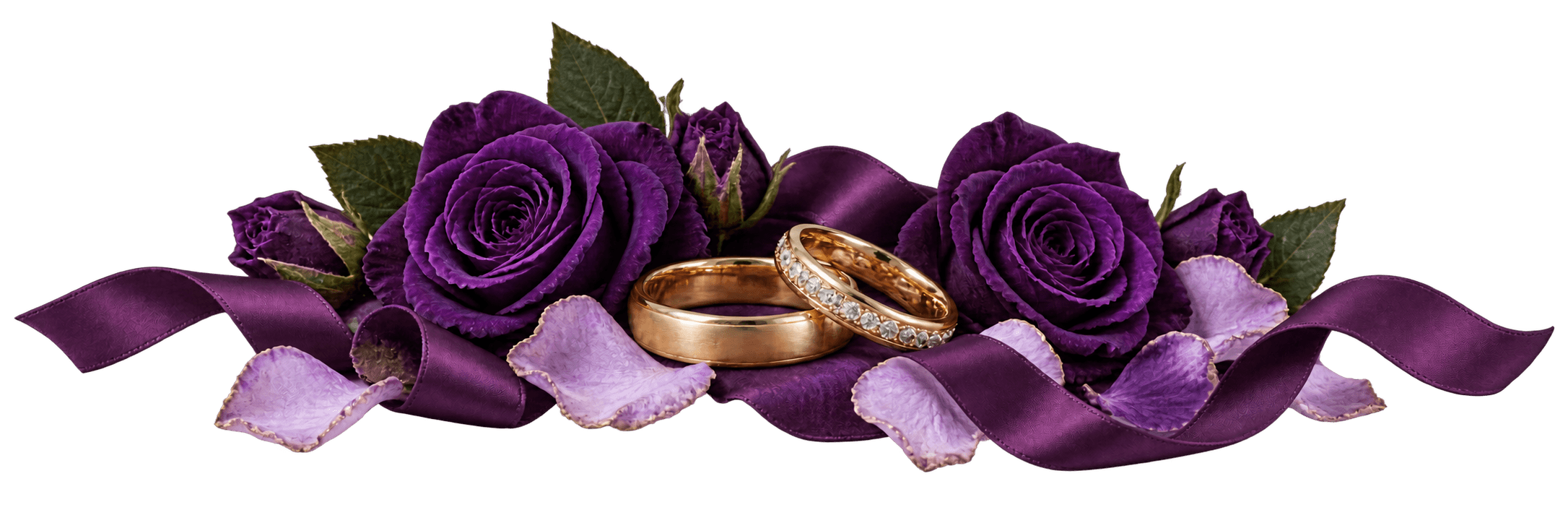 Wedding rings with purple roses and ribbon